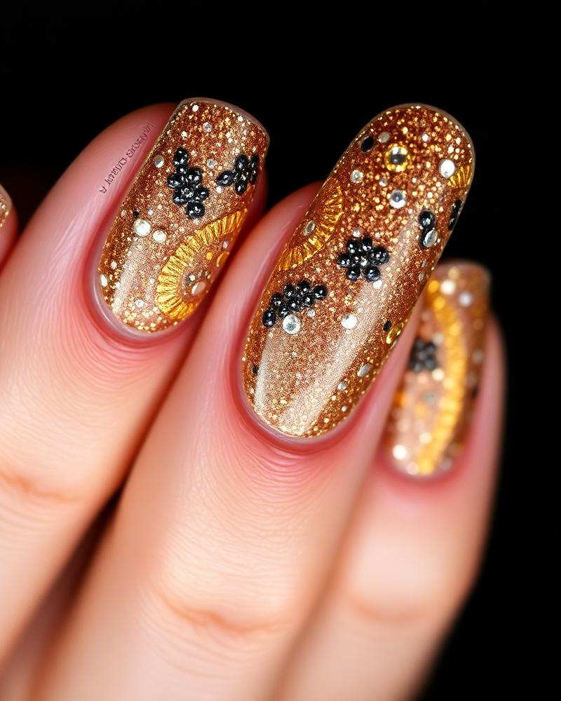 Nail art đính đá vàng nghệ thuật